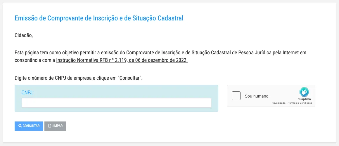 Página de consulta de CNPJ da Receita Federal, com o campo do número e o captcha
