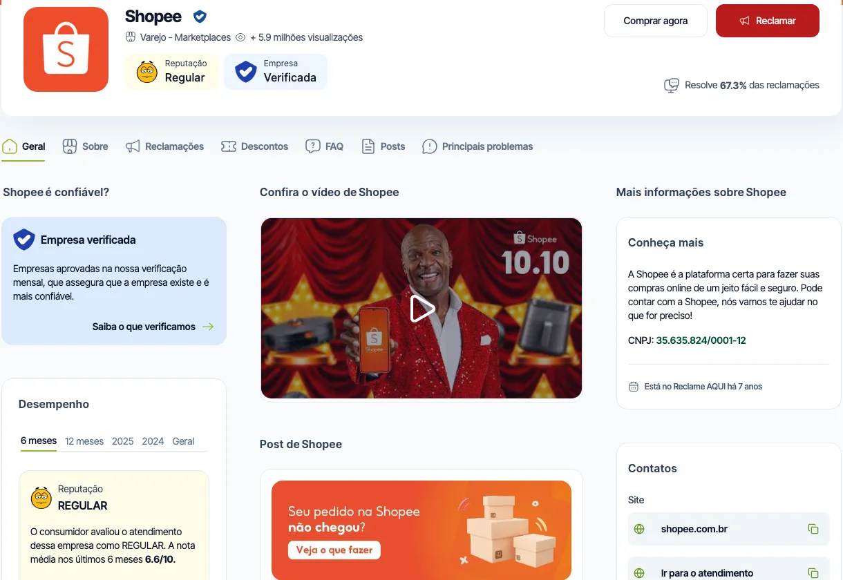 Página da Shopee no Reclame Aqui em 05/10/2026: reputação Regular, empresa verificada, resolve 67,3% das reclamações